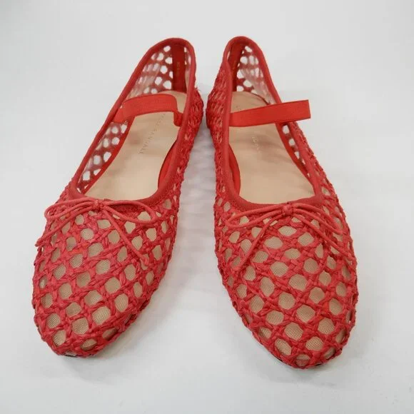 Loeffler Randall Leonie Mary Jane Ballet Flats Size 8 Red Raffia Mesh Bow NEW - Picture 6 of 16